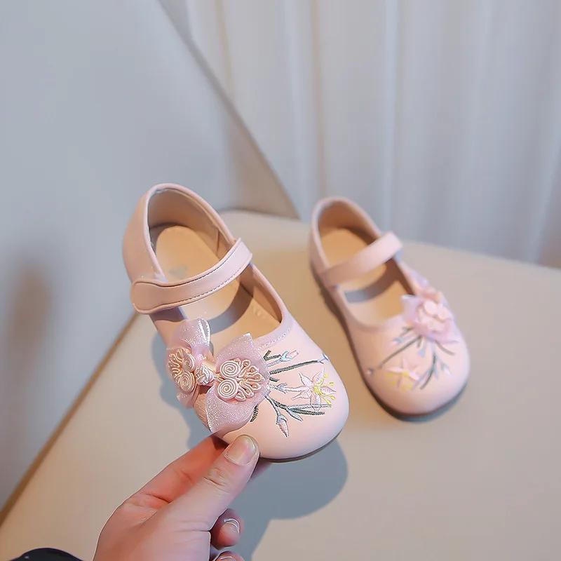 Туфли на плоской подошве для девочек с сетчатым узлом, детские вышитые кожаные туфли для вечеринки, свадьбы, детские элегантные туфли принцессы для темперамента