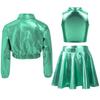 Metallic Shiny Jacket Set for Girls: Turn-Down Collar Long Sleeve Coat with Turtleneck Tank & High Waist A-Line Skirt