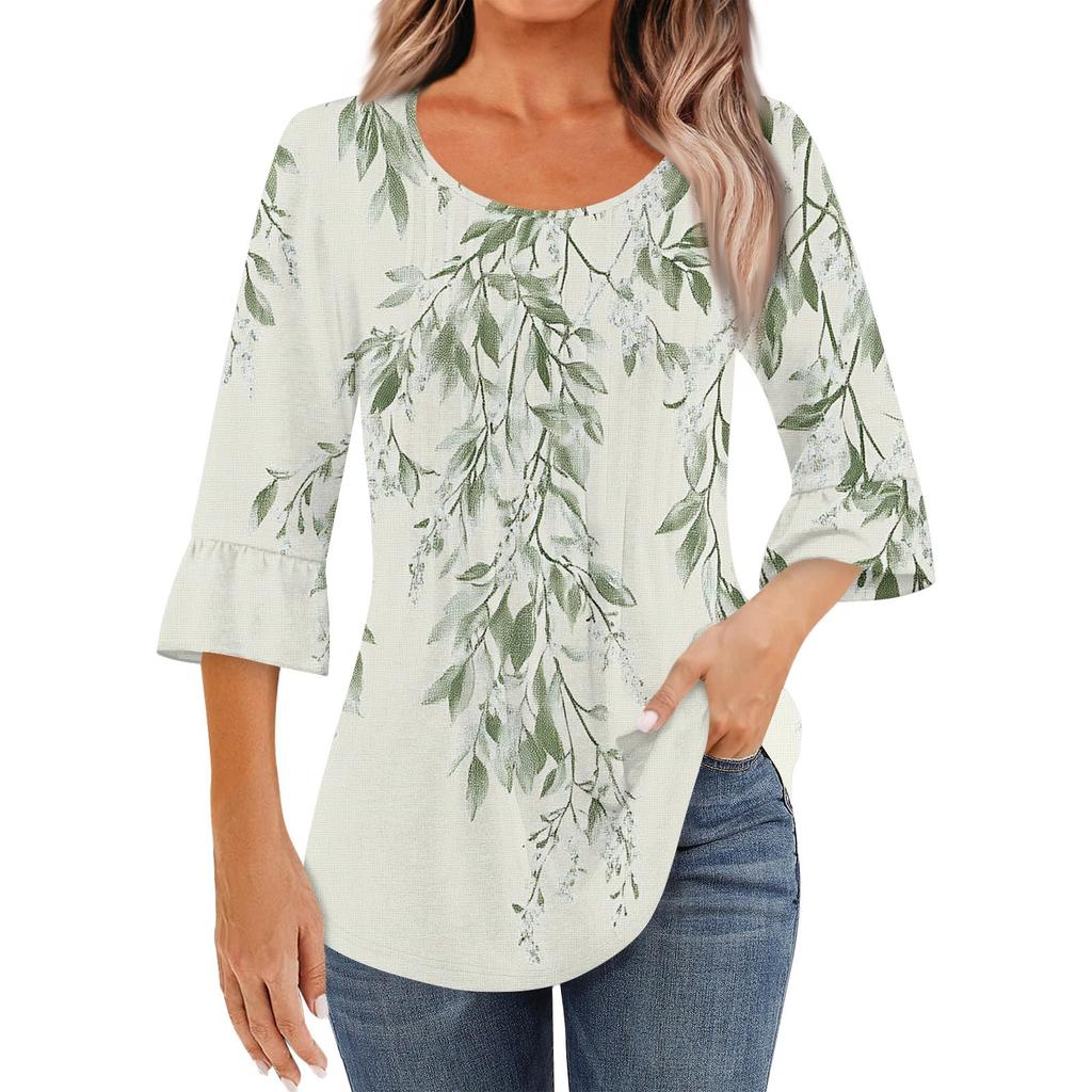 Женская модная повседневная плиссированная футболка с круглым вырезом и цветочным принтом, рукав три четверти