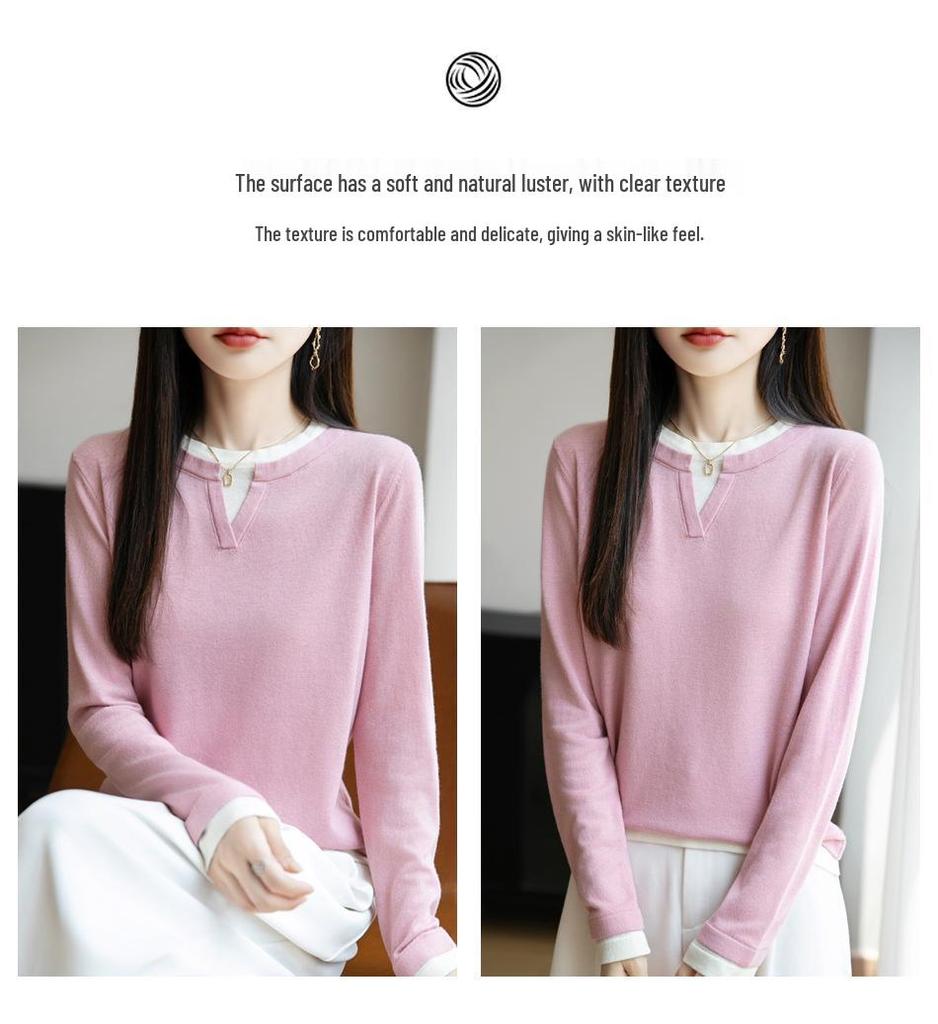 Женский осенне-зимний трикотажный пуловер с длинным рукавом, универсальный топ, имитация костюма-двойки с круглым вырезом