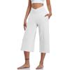 Women  Elastic High Waist 3/4 Pant Casual Active  Fit Wide Capris Leg Pants Trousers With Pockets