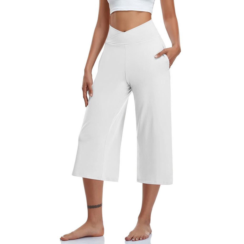 Women  Elastic High Waist 3/4 Pant Casual Active  Fit Wide Capris Leg Pants Trousers With Pockets