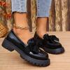Fashion Spring Bowknot Platform Loafers Women Black Faux Leather Slip On Flats Shoes Woman College Style Thick Sole Dress Shoes Size 43