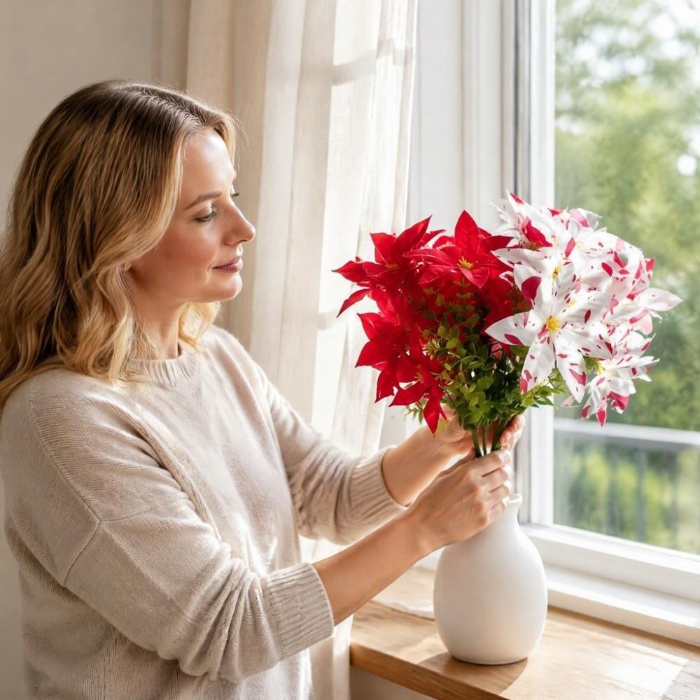 UV Resistant Artificial Poinsettia Bouquet 36cm Xmas Faux Poinsettia Fireplace