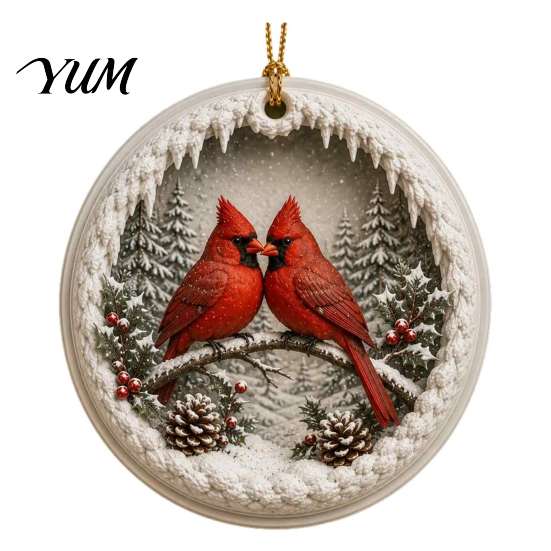 Acrylic Red Bird Pendant Christmas Ornament, Snow Scene Pattern Xmas Tree Pendants Hanging Decor, Retro Round for Winter Holiday Party Festive Decor