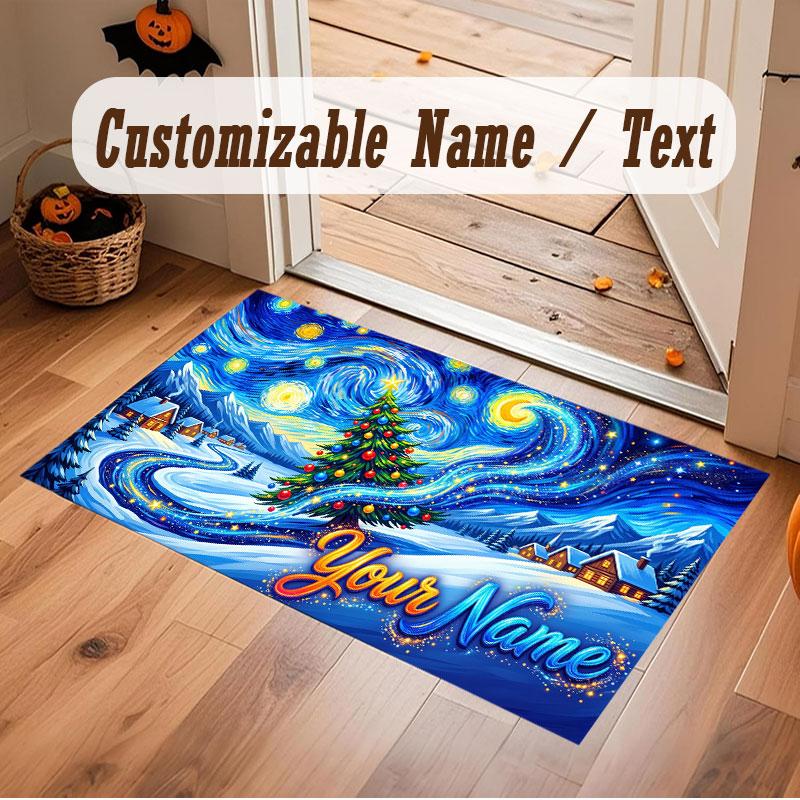 Christmas Winter Theme Crystal Velvet Floor Rug Personalized Custom Name Text Warm Carpet Home Decoration