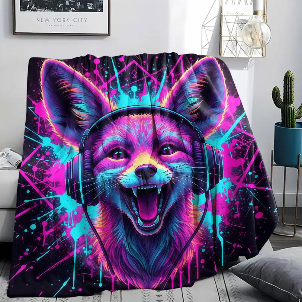 1Pc Animal love music Print Flannel Blanket, High quality Comfortable for All Seasons, Home Decor, Warmth and Comfort, Perfect for Christmas Gifts