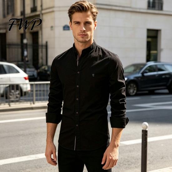 Durable Everyday Cultural Shirt Men Oktoberfest Shirt, Slim Fit Band Collar Traditional Costume Soft Comfortable Festival Wear Long Sleeve for
