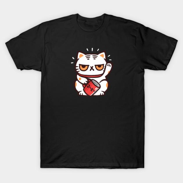 Asian Size Men Black Print T-shirt Lucky Coffee Cat No-Cut Print Cotton Tshirt