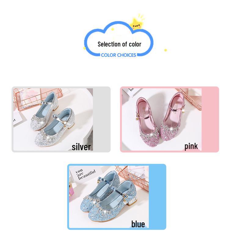 Princess Girls' Sequined High Heels - Soft, Non-Slip Leather Shoes for Spring and Autumn