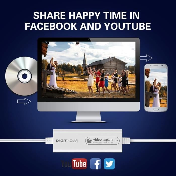 DIGITNOW Carte de Capture vidéo USB 2.0,convertisseur VHS VCR TV vers DVD