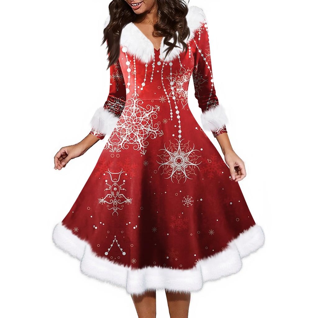 Women's Fashion V-neck Casual Fit Christmas Print Party Long Sleeve Dress