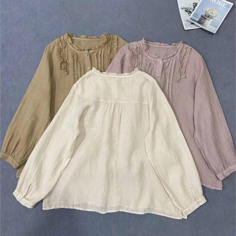 Johnature Crewneck Shirt Loose Top Women Autumn Vintage Ruffles Loose All Match Full Sleeve Female Blouses