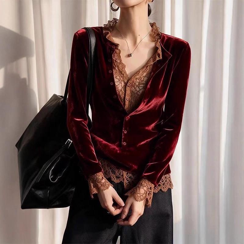 Женский осенний топ из бархата и кружева, пэчворк, цвет бордо, комплект из двух предметов, 2025