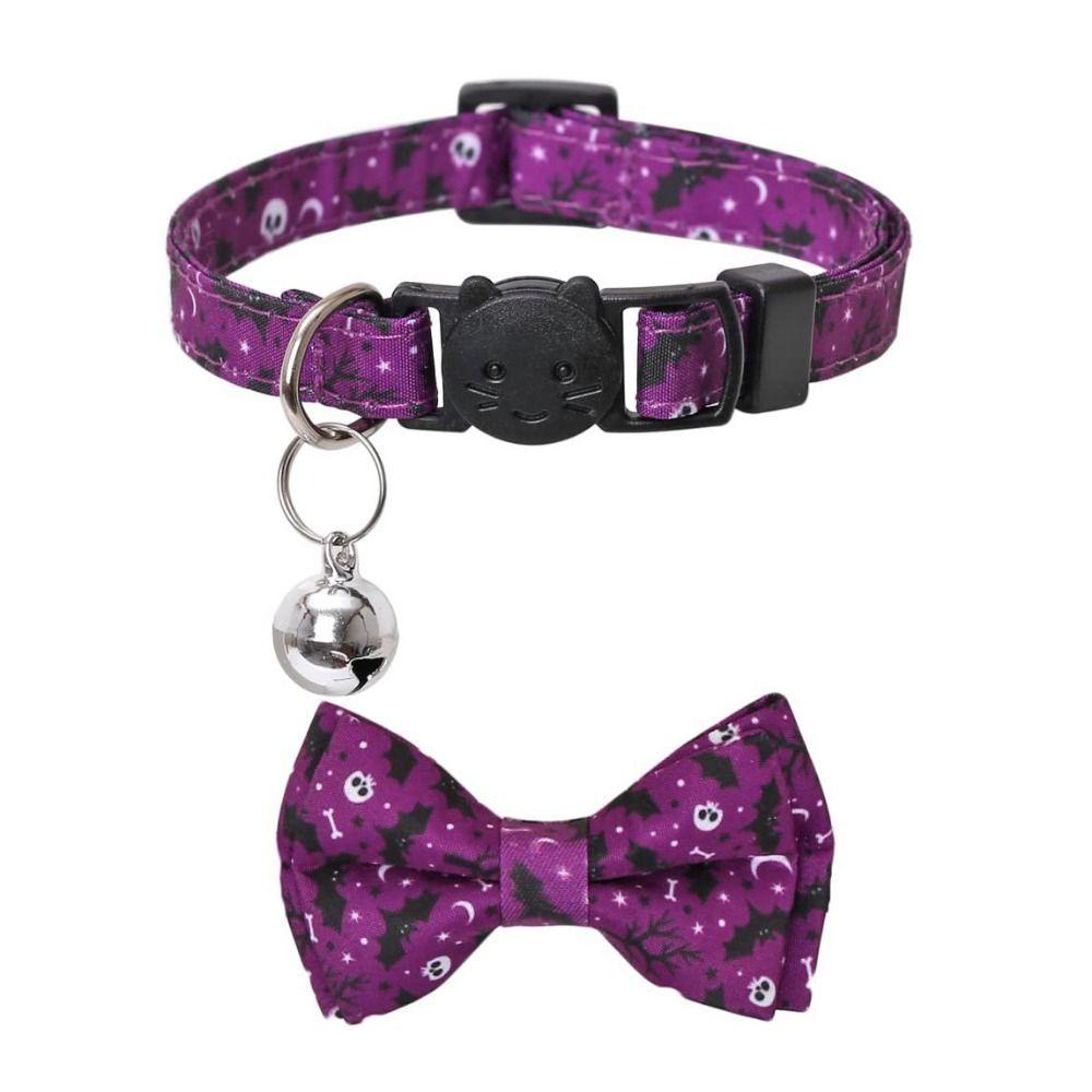 С колокольчиком Хэллоуинский ошейник для кошки с регулируемым бантом, тыквенный ошейник для щенка с колокольчиком, летучие мыши/тыква/череп/паук, съемный