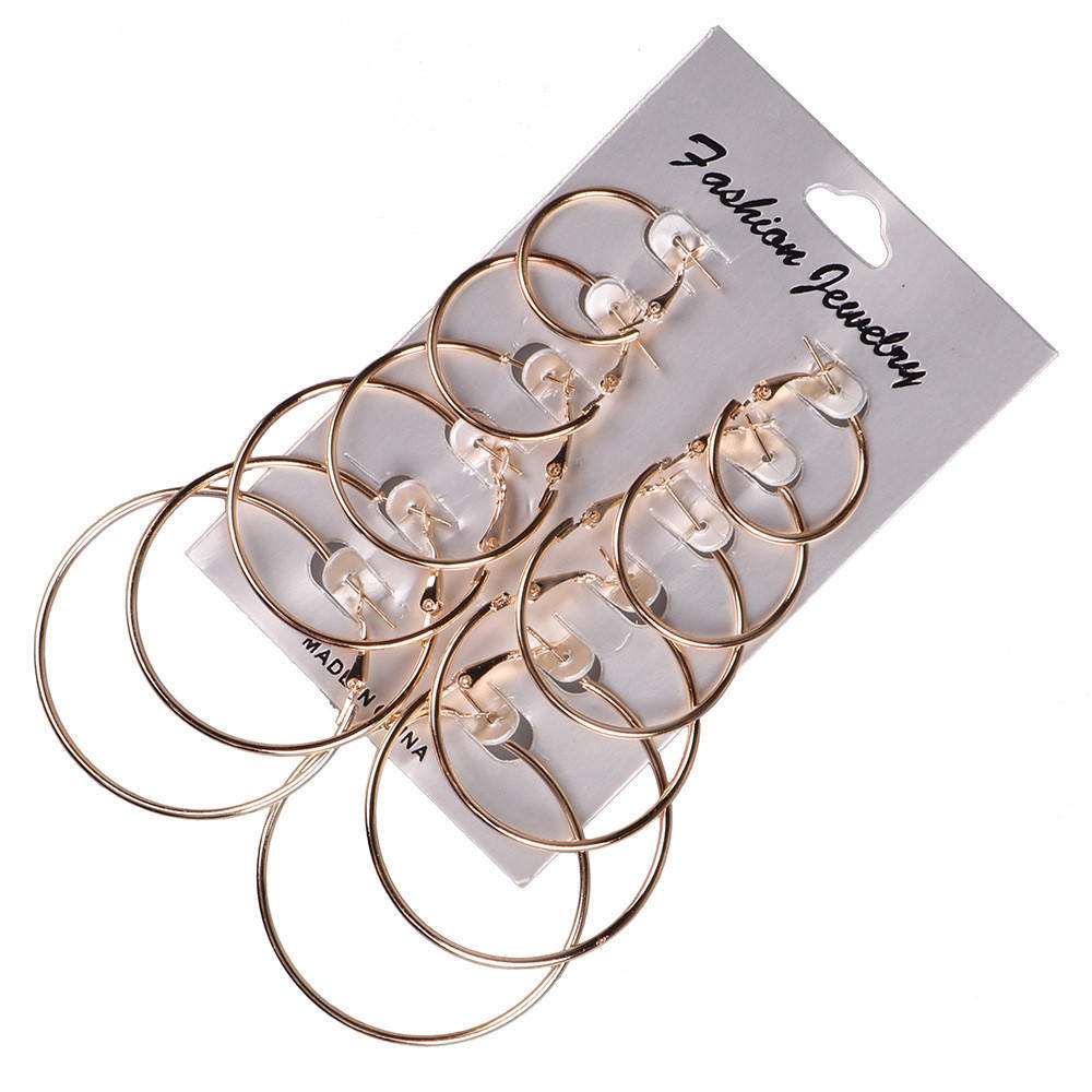 6Pairs/set Vintage Gold Big Circle Hoop Earrings Women Steampunk Clip