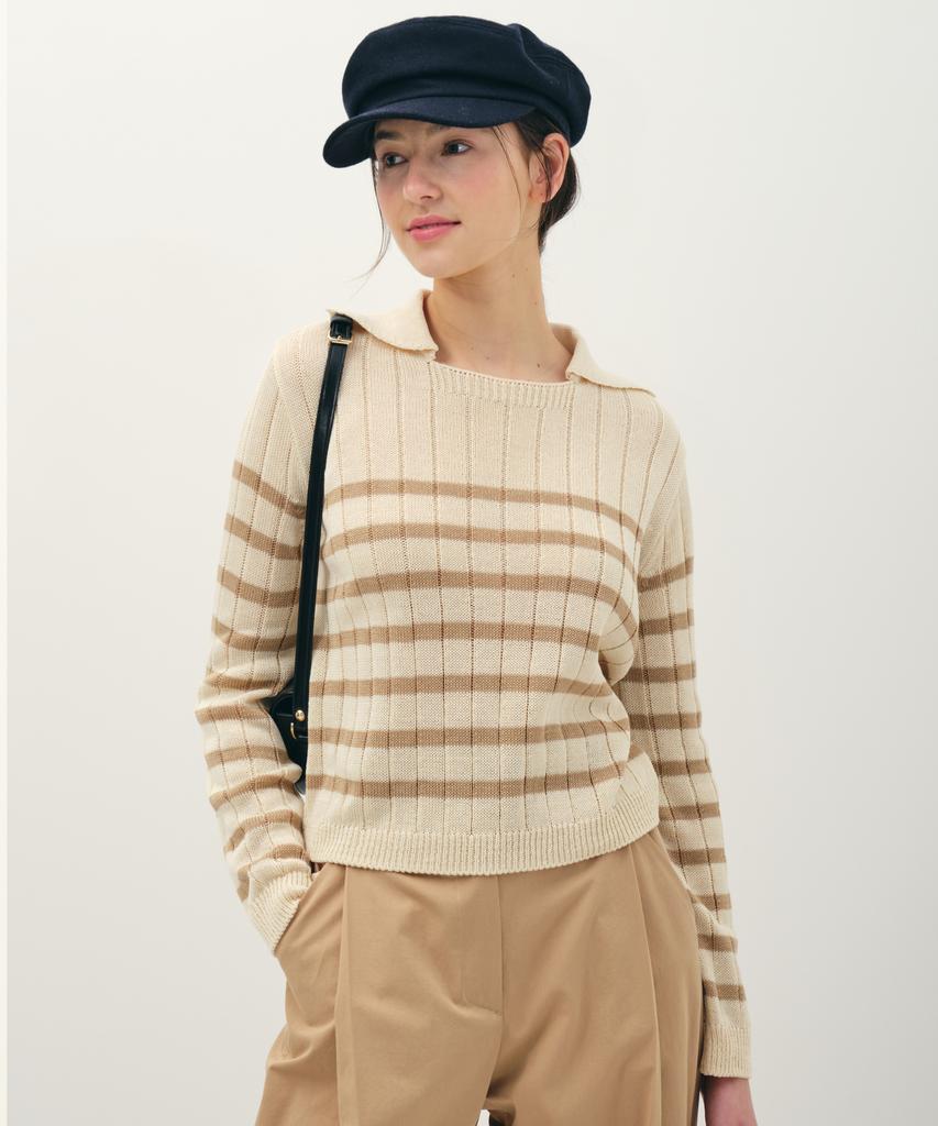 JUN BY JUN K Collared Striped Knit Top_Beige