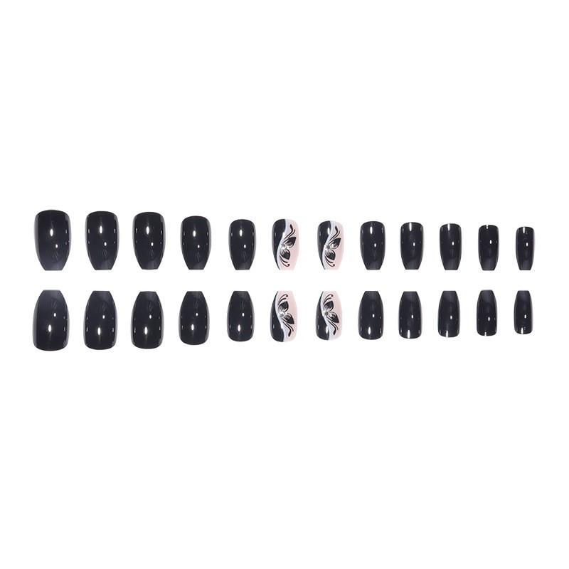 Black Floral Rhinestone Press-On Nails 24pcs Full Cover False Elegant Look