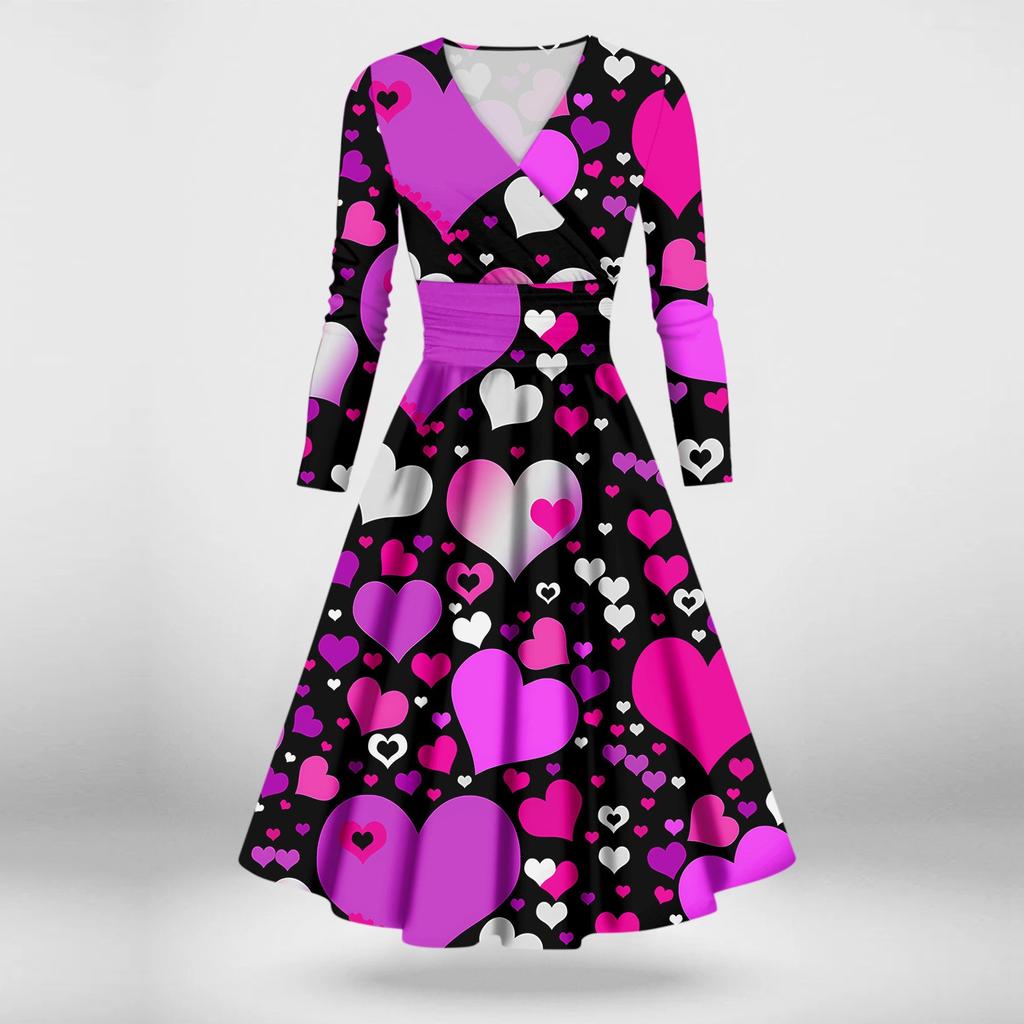 Женская мода повседневное сексуальное платье с длинным рукавом и v-образным вырезом с принтом ко Дню святого Валентина