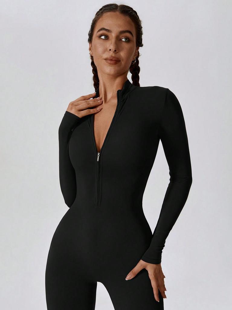 Женский комбинезон с длинными рукавами на молнии, облегающий, высокой эластичности, спортивные штаны для йоги, облегающий крой, удобный и приятный к коже.
