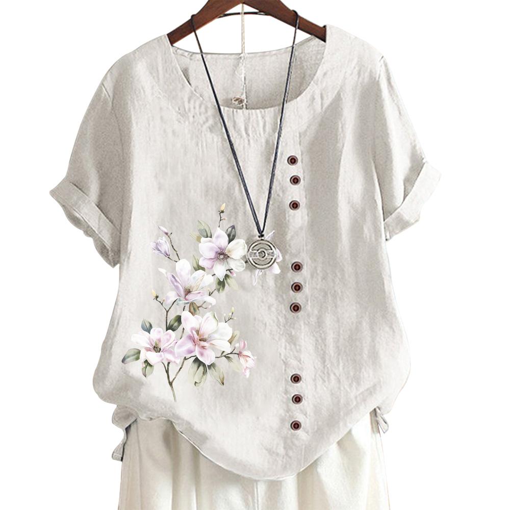 Women's Casual Cotton Linen Blouse with 6 Printed Patterns, Round Neck, and Short Sleeves S-5XL