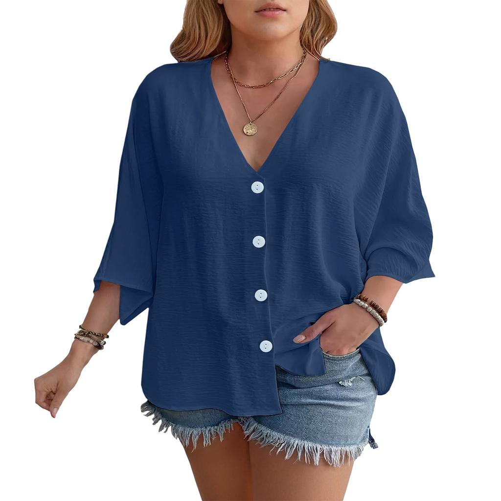 Women's Casual V Neck Button Shirt Classic Short Sleeve Shirt Tops Fashion Loose Solid Color
