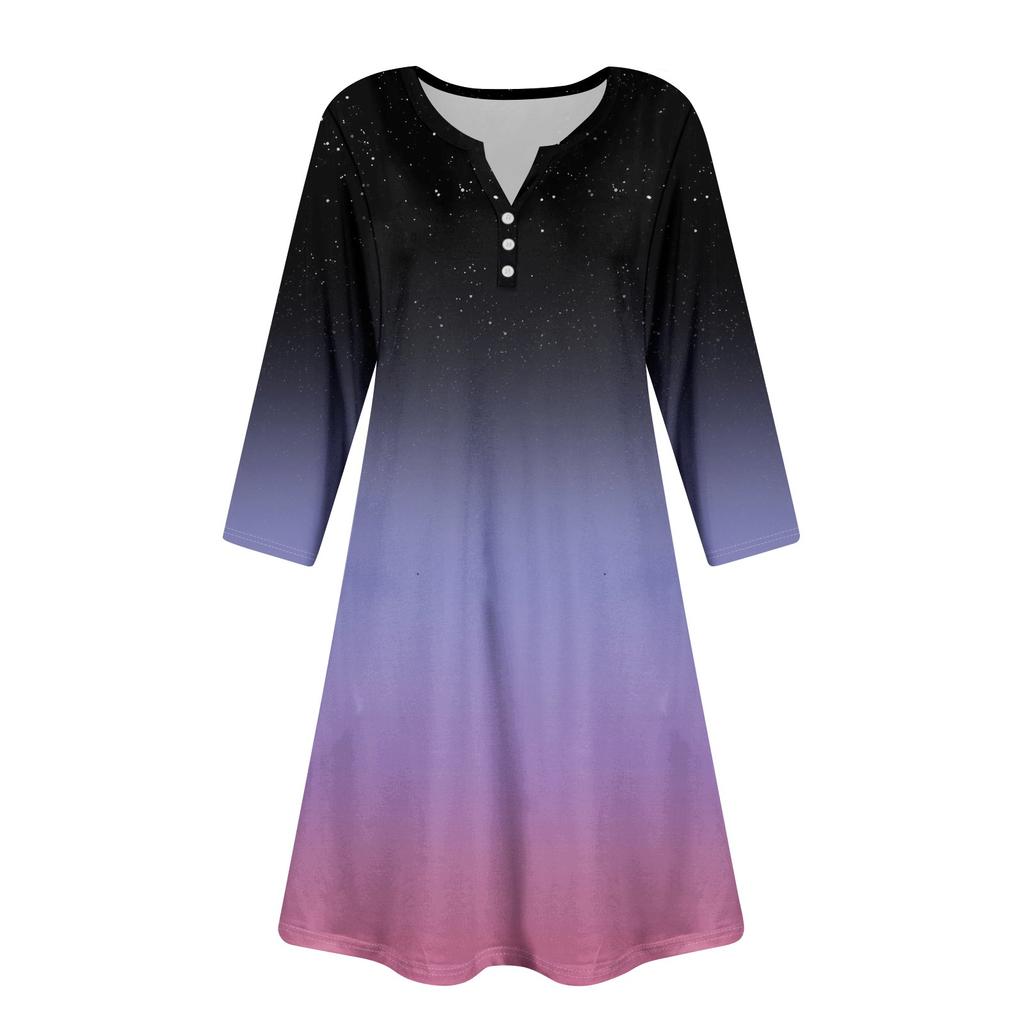 Women's Summer Dress Loose V Neck Three-quarter Sleeve Sundress With Pockets Dress