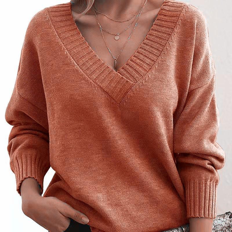 Women's Fashion Casual Solid Color Print Autumn Winter Long Sleeve V-Neck Loose Sweaters