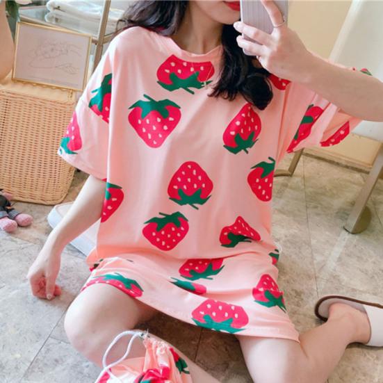 Beautiful Sleeping Dress Breathable Relaxed Comfortable Girls Sweet Pink Heart Print Summer Nightdress Home Wear