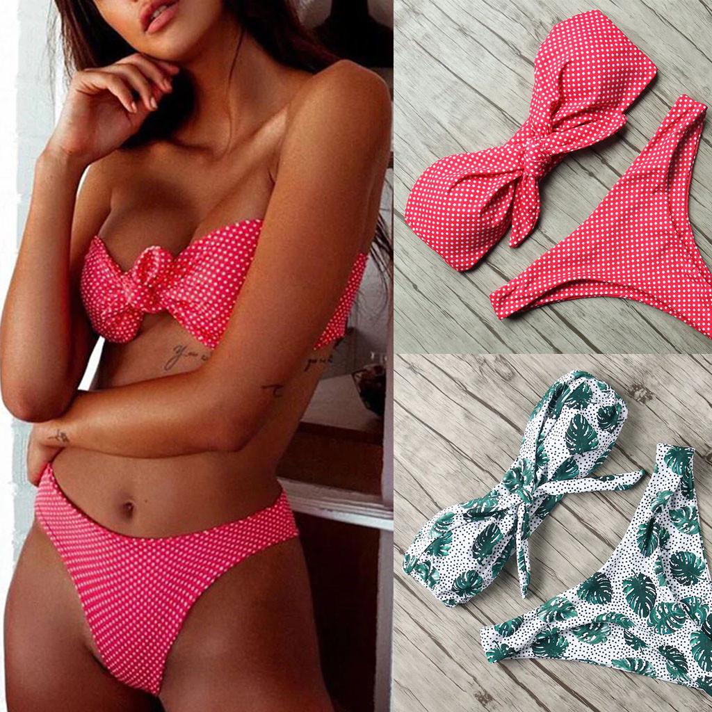 Women's Sexy Print Bow Tie High Cut Bandeau Bikini Set Two Piece Swimsuit