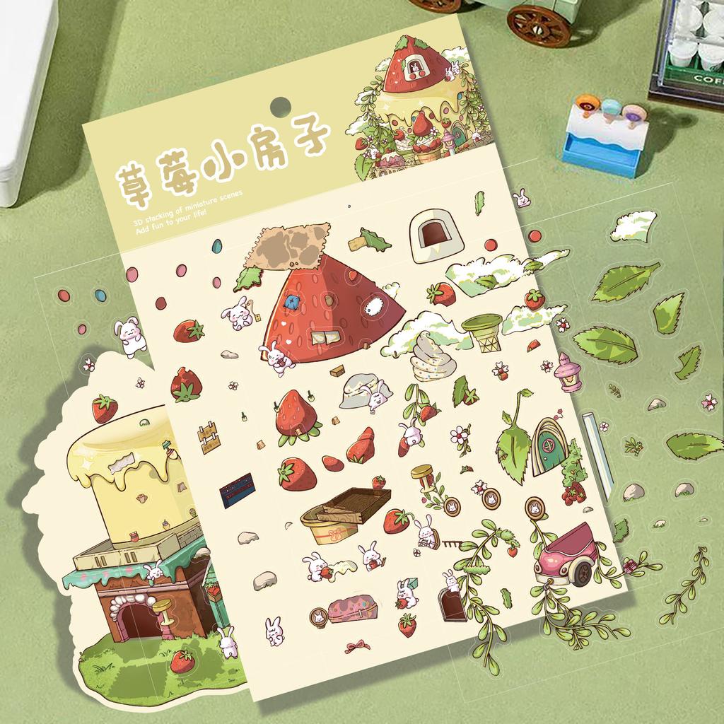 Мультяшный большой клубничный домик, ландшафтная наклейка, 3D миниатюрный мир, расстегнутый, сцена для DIY, инструкция