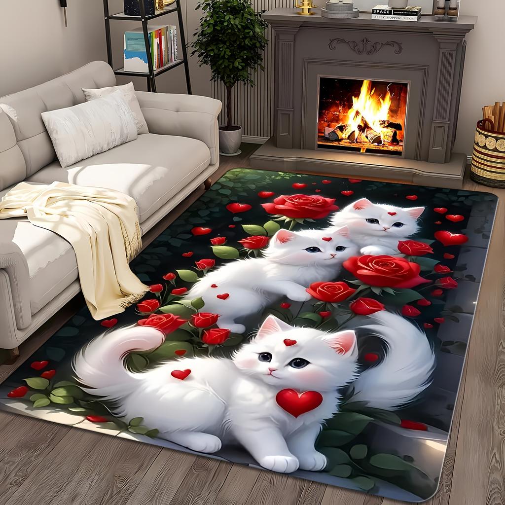 Red‑Rose‑Heart‑Kitten Printed Rug, Romantic Decor for Entryway, Bedroom, Living‑Room & Indoor Home Use