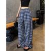Women's Retro Plaid Double-Breasted Straight-Leg Wide-Leg Pants - Zhao Lusi Style, Spring & Autumn Collection in Blue.