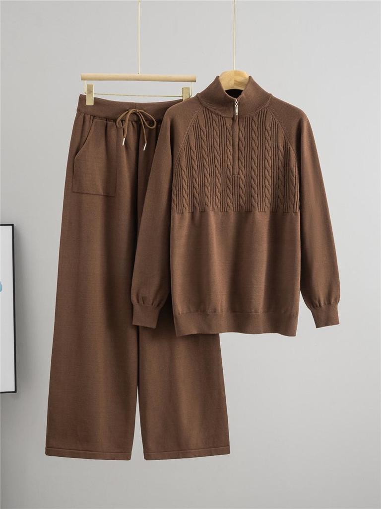 Женский модный вязаный комплект Осень/Зима: Свитер на молнии до середины и брюки широкого кроя