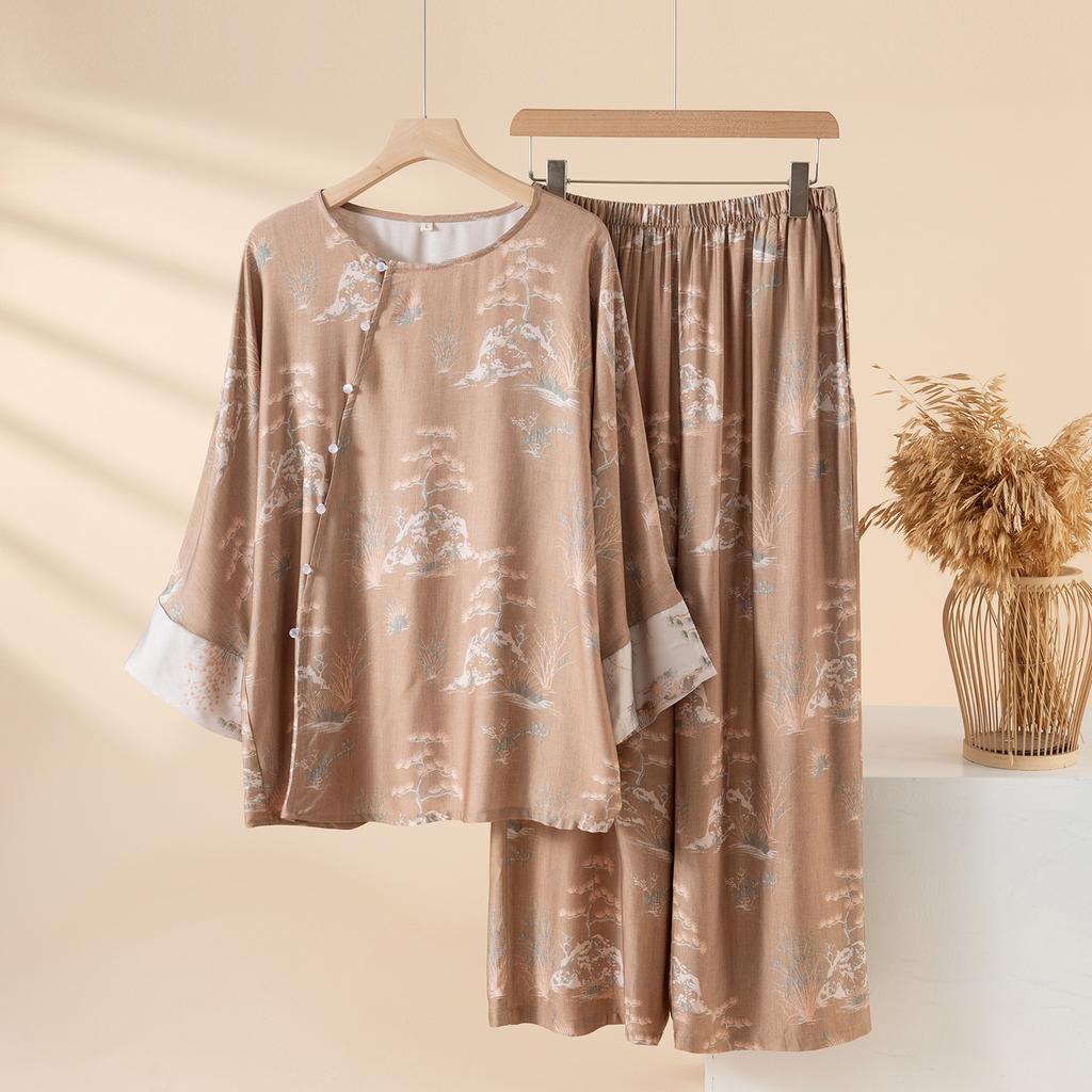 Pajamas women's summer and autumn satin new mother outfit retro court noble and soft large size loose loungewear set