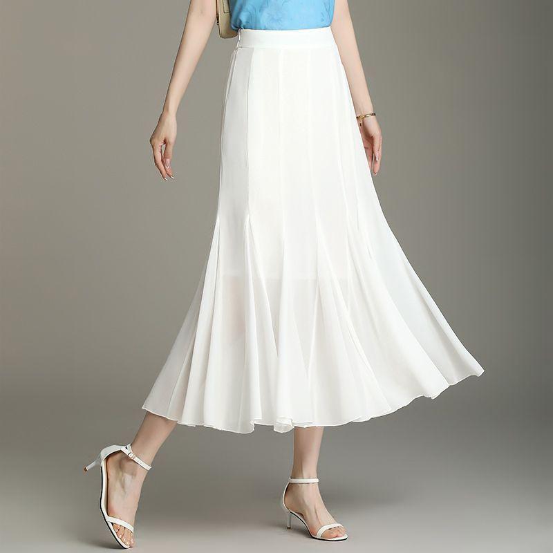Летняя шифоновая юбка-полуторка, белая, женская, средней и длинной длины, с высокой талией, большая однотонная юбка А-силуэта, облегающая, большая юбка