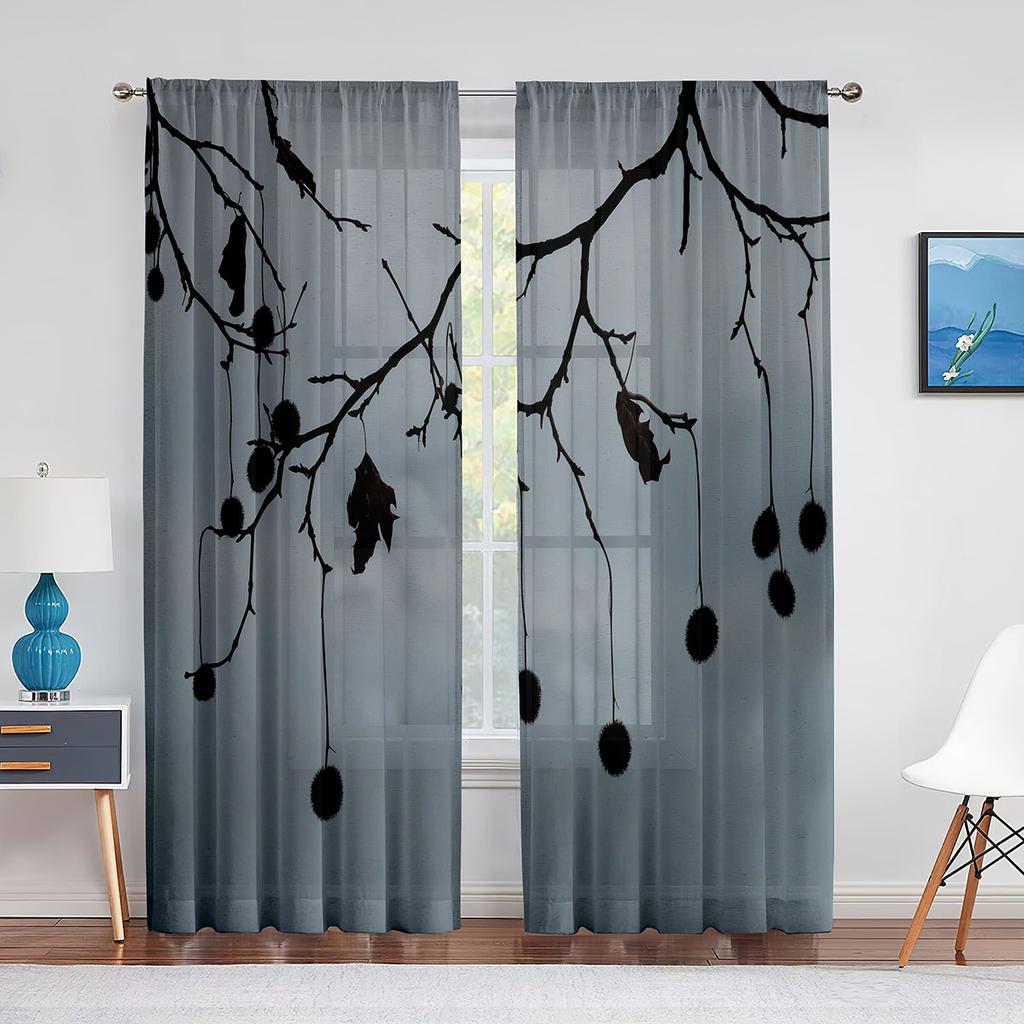 Серые тюлевые вуали с принтом ветвей деревьев для спальни, оконные занавески для гостиной, прозрачные шторы, жалюзи, шторы из органзы