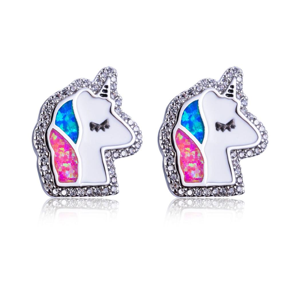 Cartoon Cute Style Colorful Unicorn Edge White Diamond Earrings Sweet Girl Heart Earrings