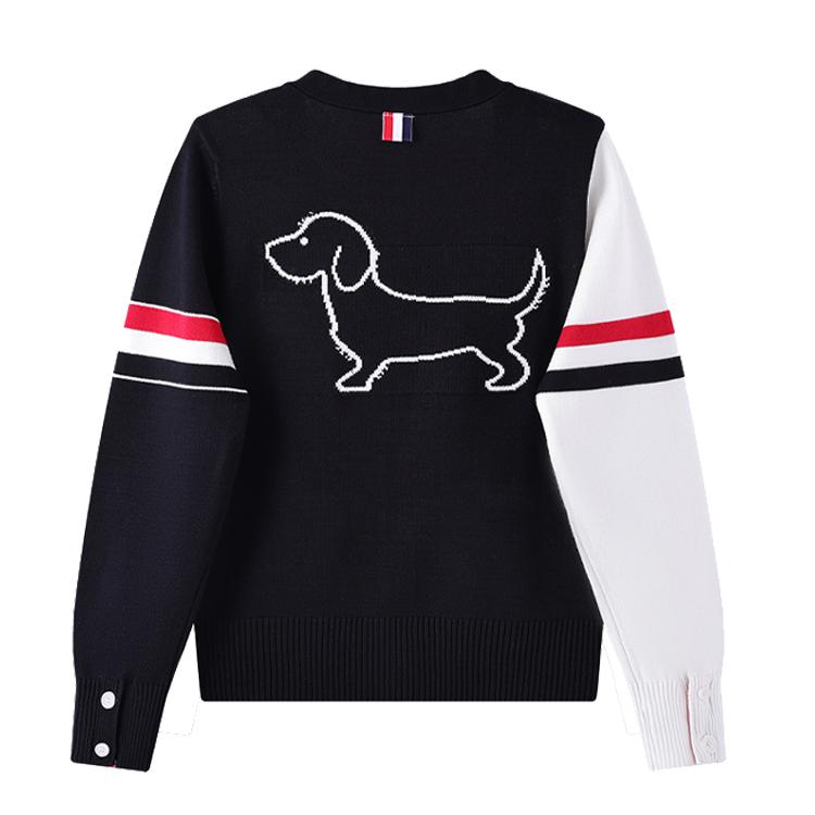 Весна Осень V-образный вырез Вышивка Собака Вязаный свитер Пальто Куртка Женская мода Контрастный цвет Длинные рукава Джемперы