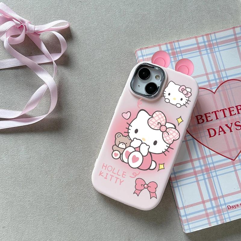 3D чехол-ушки Hello Kitty с бантом для Samsung Galaxy S25 S24 S23 S22 Plus Ultra S24 FE Note 20 A52 A35 A15 A25 A32 5G