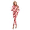 Womens Christmas Candy Cane Bodysuit Costume Mock Neck Long Sleeve Back Zipper Contrast Unitard Jumpsuit