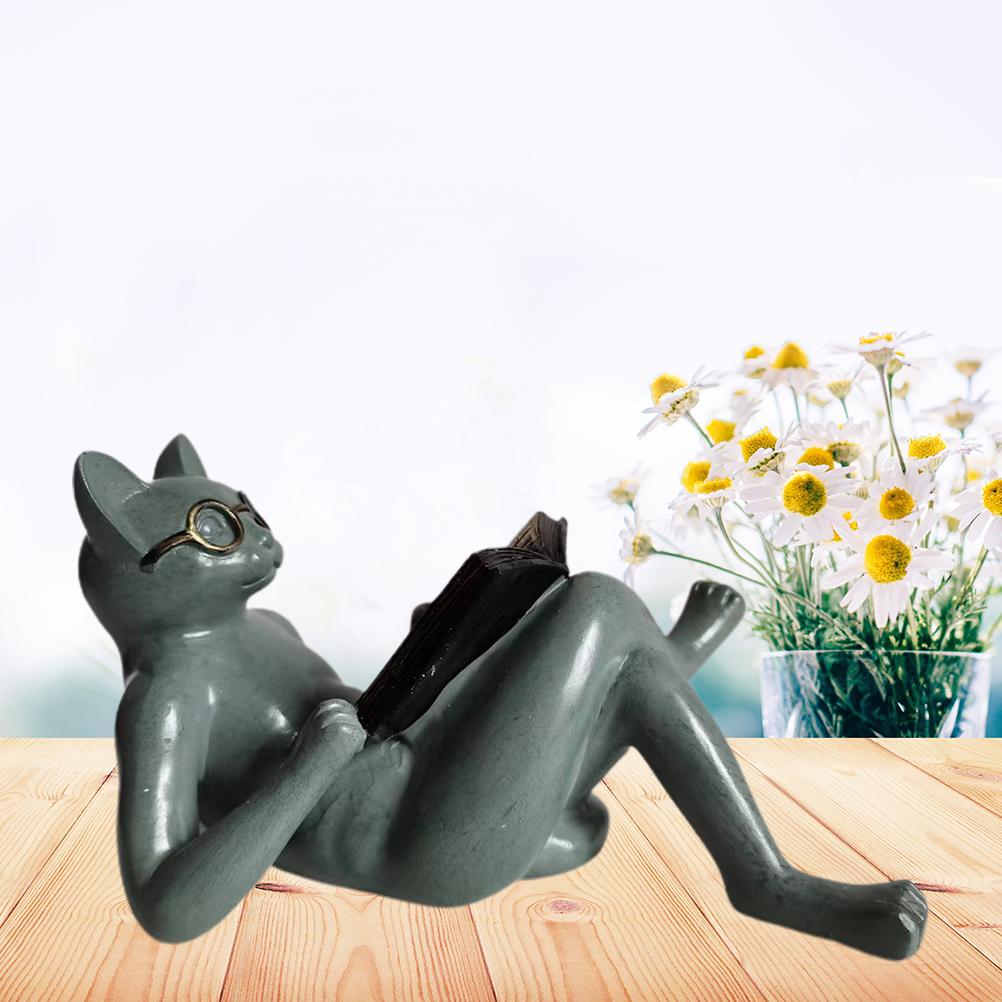 Literary Cat Resin Ornaments Garden Statue Decoration Reading Glasses Cat Crafts for Study and