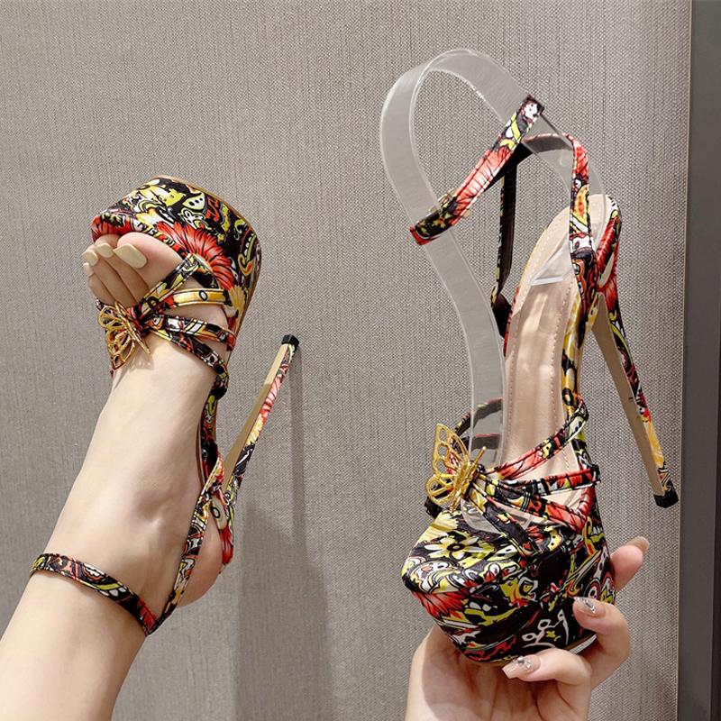 Новый модный дизайн, сандалии на платформе с цветочным принтом, женские туфли на очень высоком каблуке с открытым носком и бантом, обувь для танцев на пилоне