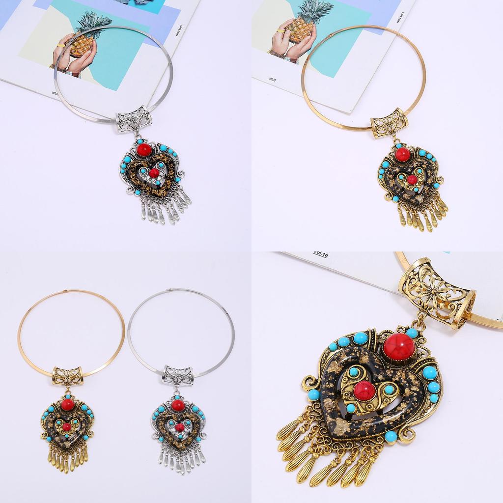 Geometric Style Ethnic Necklace Alloy Metal Heart Glass Pendant For Gift Travel