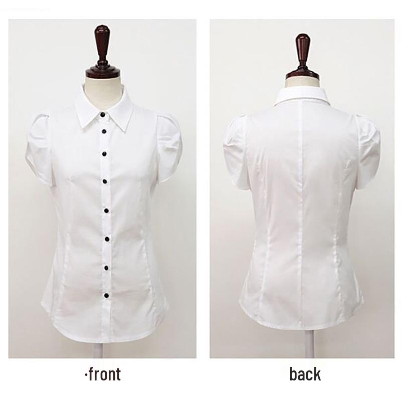 Женская блузка в корейском стиле с белыми оборками - Профессиональный приталенный летний топ с коротким рукавом