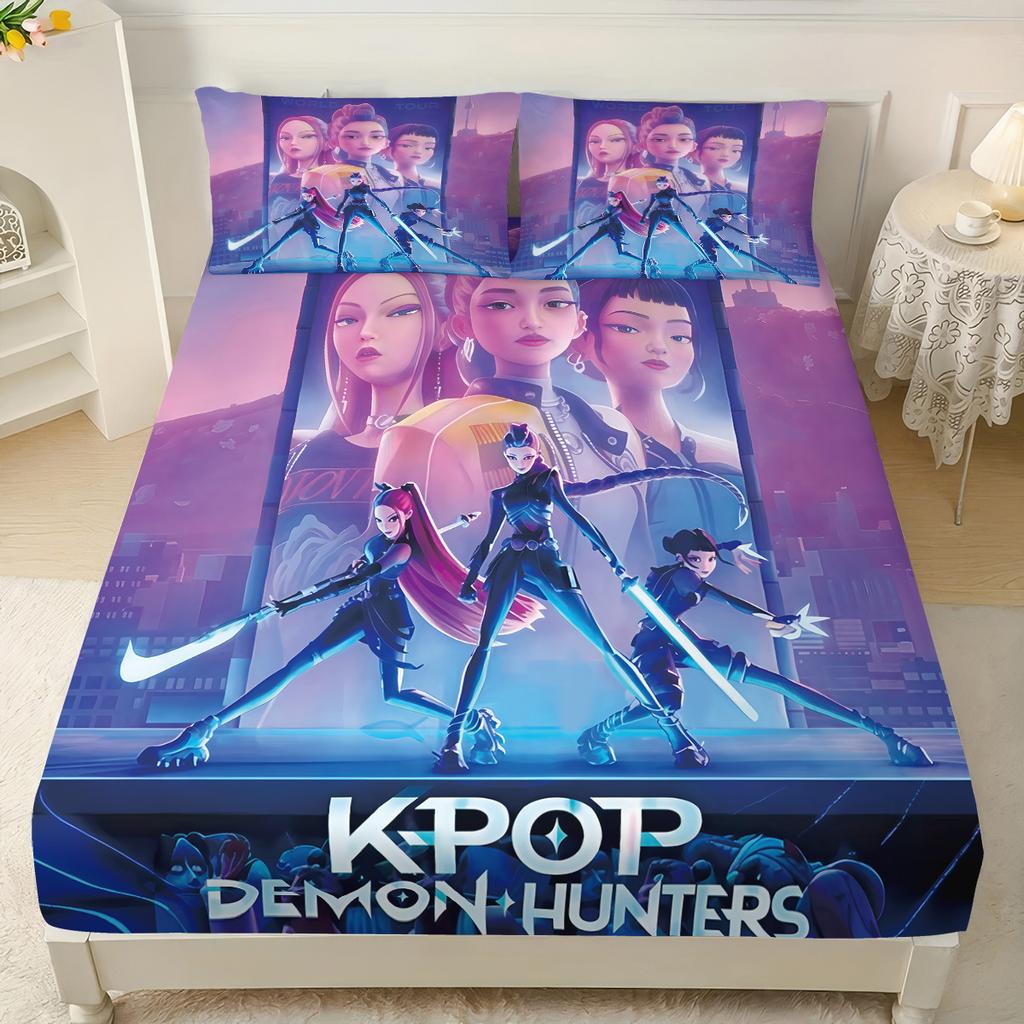 3 шт. K-Pop Охотники на демонов Принт Бессердечный Комплект простыней на резинке Разные размеры Мягкое покрывало для кровати Декор для спальни Машинная стирка