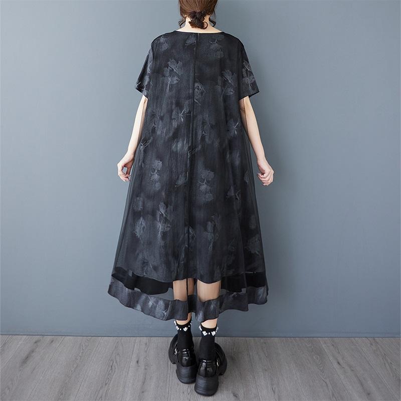 Короткий рукав Плюс размер Черная сетка винтажные новые платья для женщин повседневное свободное длинное летнее платье