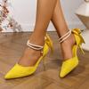 Модные женские туфли-лодочки на высоком каблуке желтого цвета с декором в виде бантика, жемчужным ремешком на щиколотке и каблуком-шпилькой, элегантные туфли-лодочки с острым носком для банкета и платья