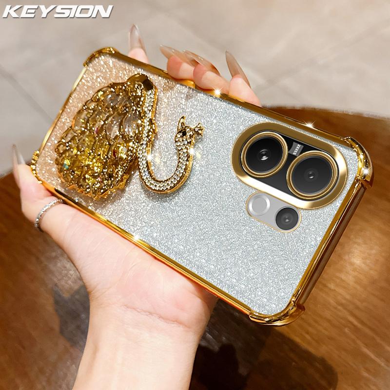 KEYSION Противоударный чехол с гальваническим покрытием для VIVO V60 5G Прозрачный Мягкий ТПУ Блестящий Инкрустированный стразами Лебедь подставка Задняя крышка для VIVO V60
