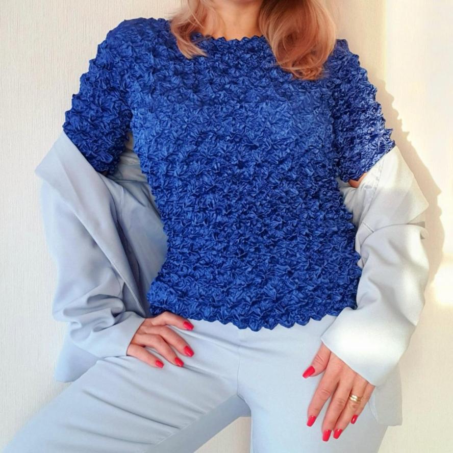 Pleated Pineapple Wrinkled Bubble Shirt, Versatile Magic Suit, Short Sleeve, Solid Color, Transparent, Loose, Three-dimensional, Women's Top